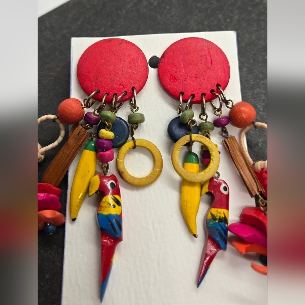 Artisan Colorful Parrot Banana Beads Wooden Dangle Earrings - Picture 8 of 15
